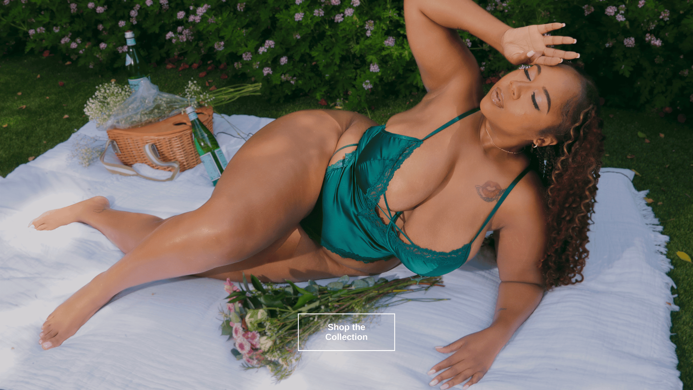 Close-up of satin teddy in green, Shush Lingerie Femininity & Nature collection.