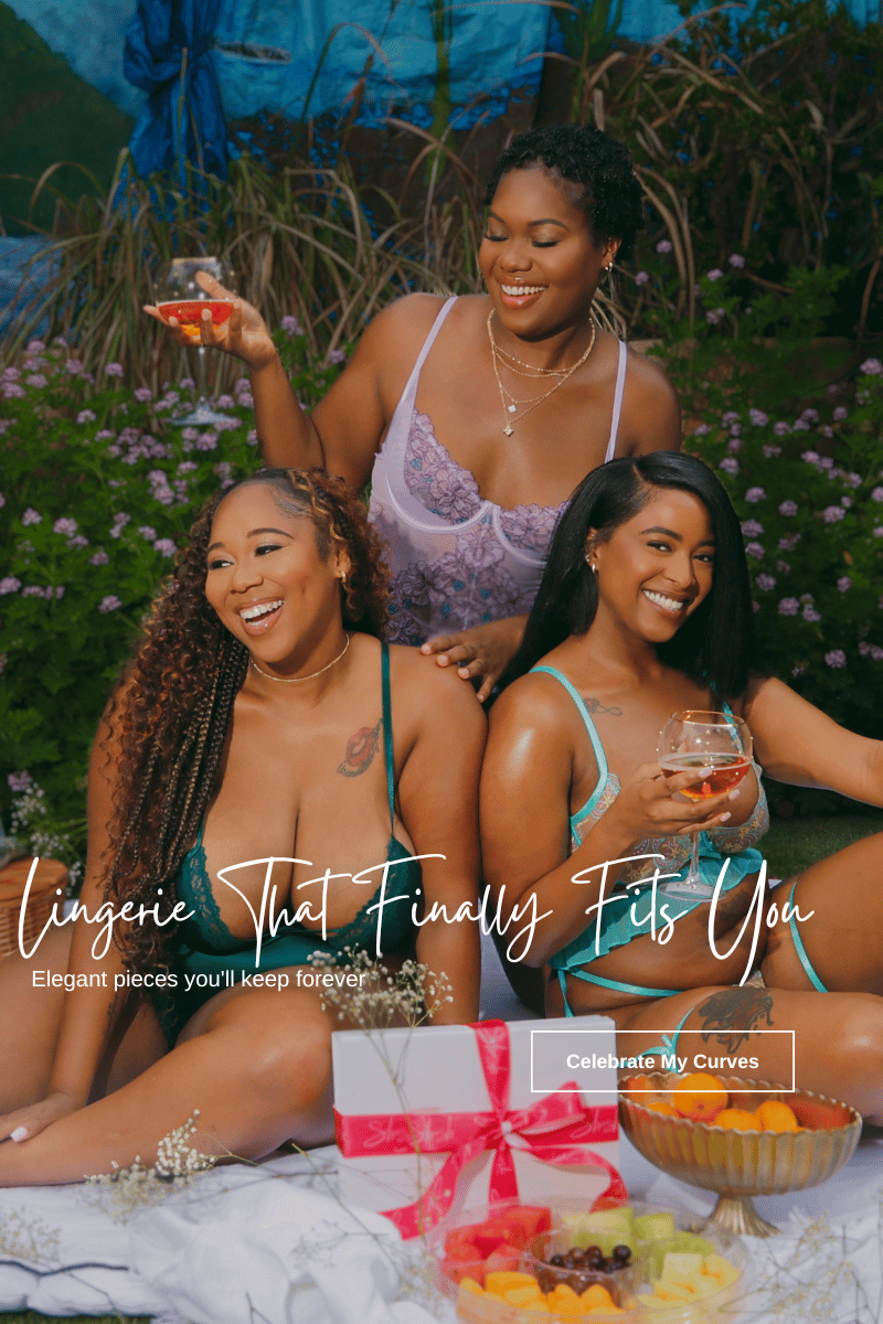 Three plus size women wearing lingerie in a lush garden, sitting with a gift box and fruit plate during Shush Lingerie femininity and nature photoshoot in Los Angeles