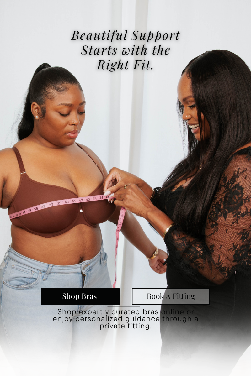 Nikki Ball, Los Angeles bra-fitting expert and founder of Shush Lingerie, providing a personalized bra fitting in her inclusive lingerie boutique.